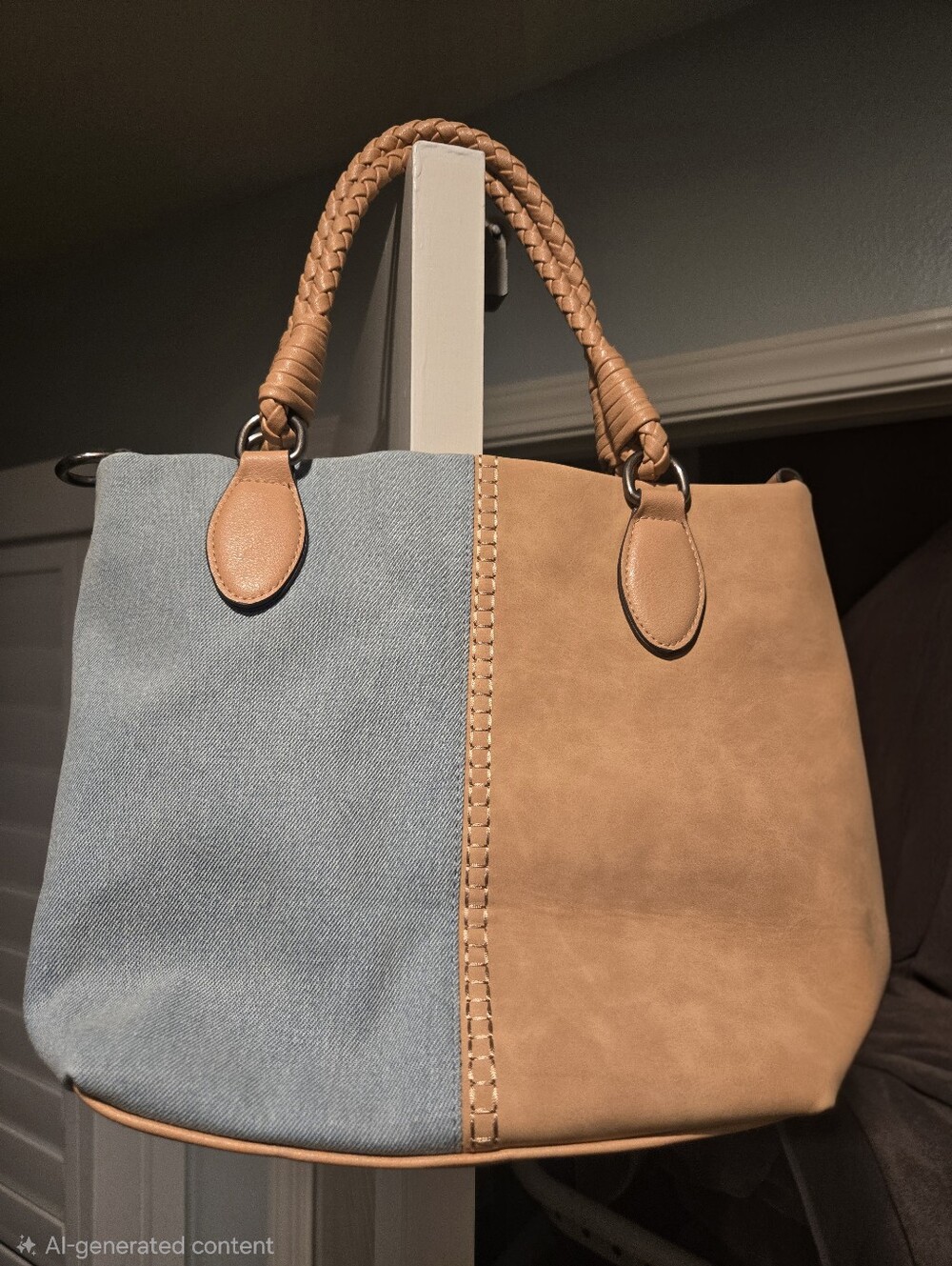 Women's Woven Handle Tan Faux Leather and Light Blue Denim Tote Bag